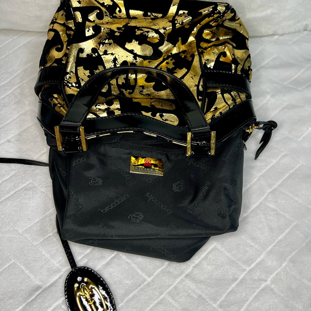 BRACCIALINI BLACK PATENT LEATHER AND GOLD HANDBAG MADE IN ITALY EUC - Picture 10 of 11